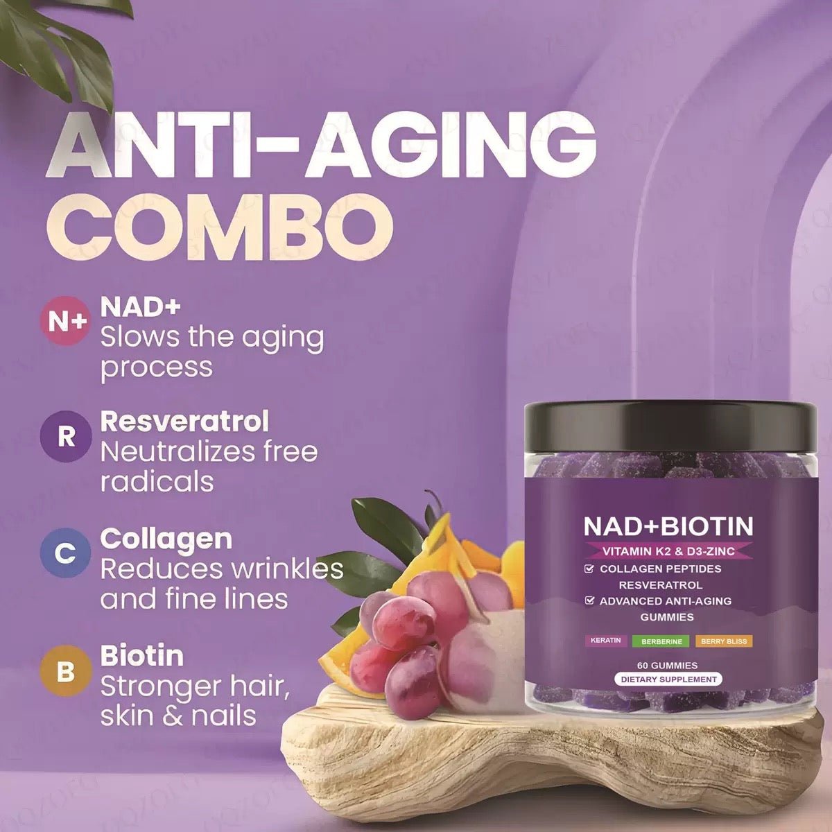 NAD+ Biotin, Dietary supplement Advanced Anti - Aging, 60 Gummies, Blueberry flavor - BusDeals