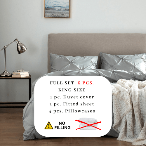 Premium 6 Piece King Size Duvet Cover Pinch Rose Design, Solid Light Gray. - BusDeals