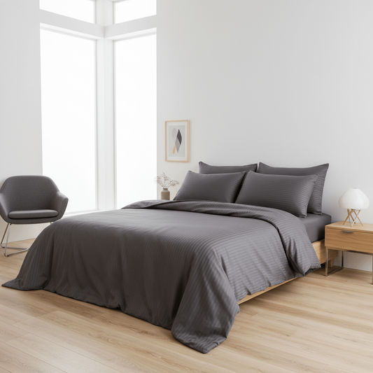Premium King Size 6 Pieces Bedding Set Satin Silky Stripe Quality, Solid Dark Gray Color. - BusDeals
