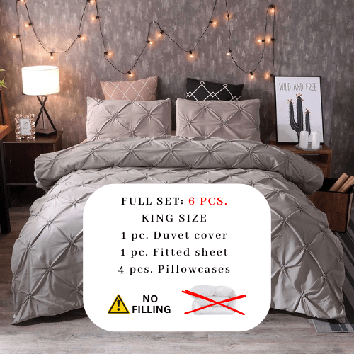 Premium King Size 6 Pieces Bedding Set Without Filler Pinch Pleat Design, Plain Grey color - BusDeals