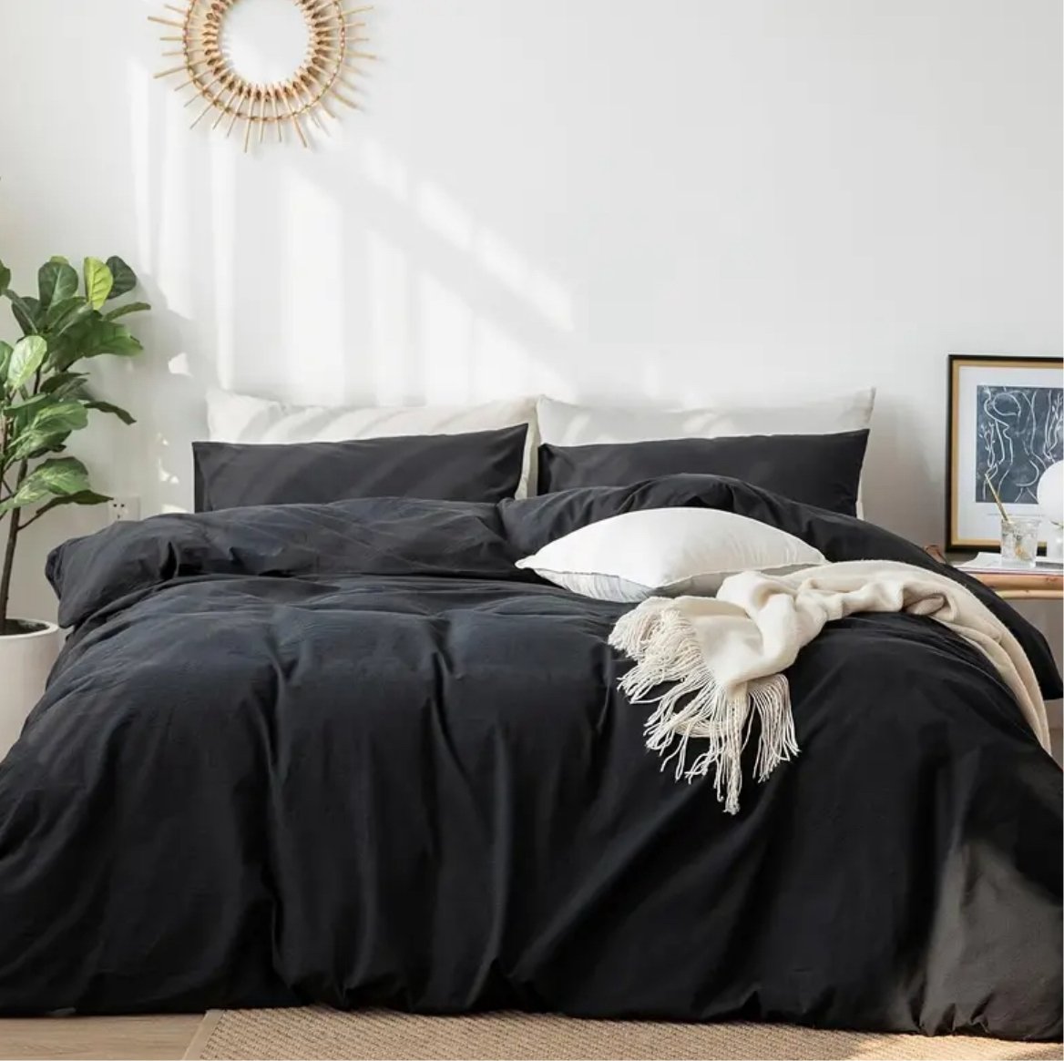 Premium King size 6 pieces Bedding Set without filler, Plain Black Color - BusDeals