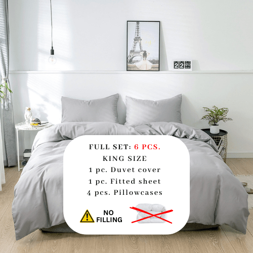 Premium King size 6 pieces Bedding Set without filler, Plain Light Grey Color - BusDeals