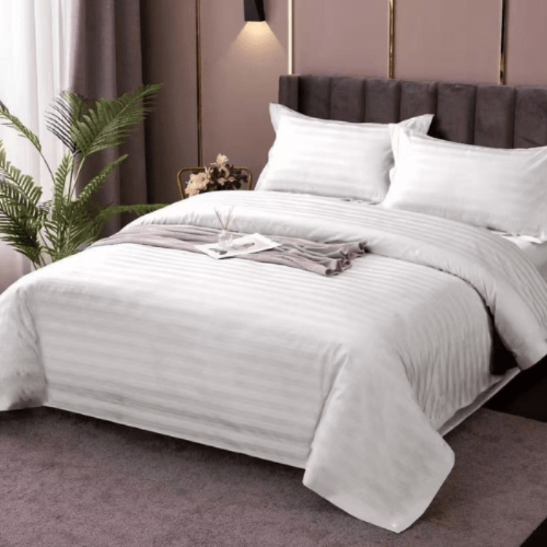Premium King size 6 pieces Plain white striped design, bedding set. - BusDeals