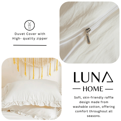 Premium King size 6 pieces without filler, Plain color ruffles design Bali Milky White Color, Bedding Set - BusDeals