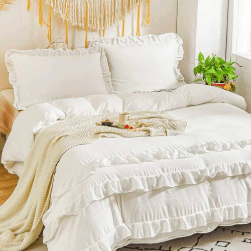 Premium King size 6 pieces without filler, Plain color ruffles design Bali Milky White Color, Bedding Set - BusDeals