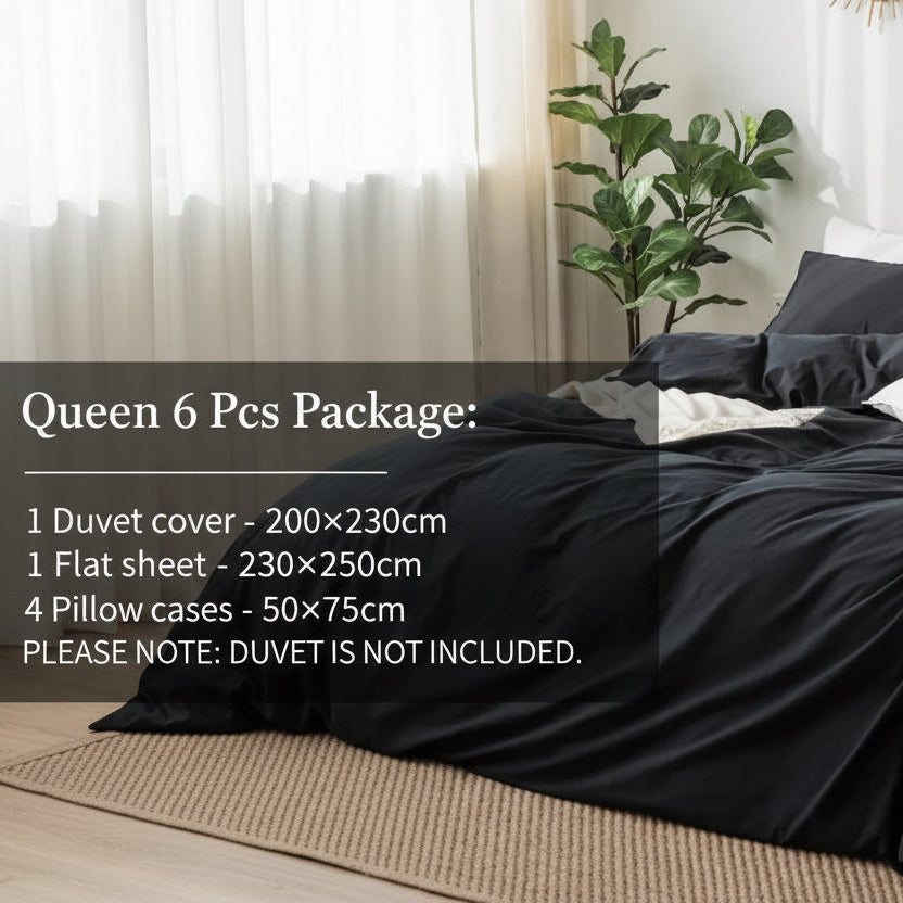 Premium Queen/Double size 6 pieces Bedding Set without filler, Plain Black Color - BusDeals
