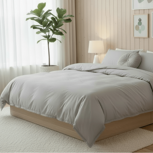 Premium Queen/Double size 6 pieces Bedding Set without filler, Plain Light Gray Color - BusDeals