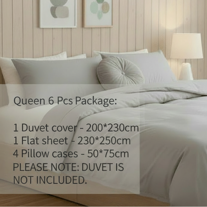 Premium Queen/Double size 6 pieces Bedding Set without filler, Plain Light Gray Color - BusDeals