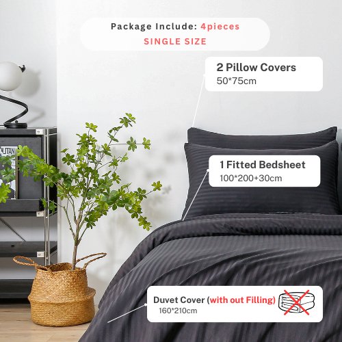 Premium Single size 4-piece bed linen, satin striped, black color. - BusDeals