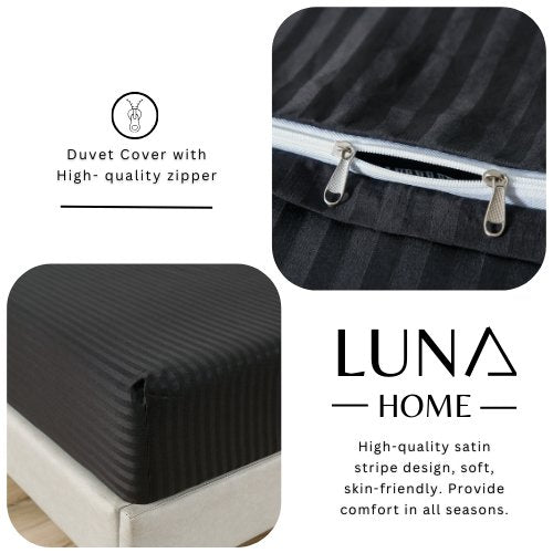 Premium Single size 4-piece bed linen, satin striped, black color. - BusDeals
