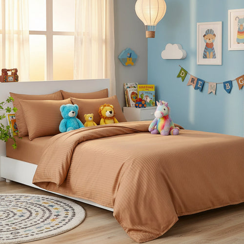 Premium Single size 4 - piece bed linen, satin striped, brown tan color. - BusDeals