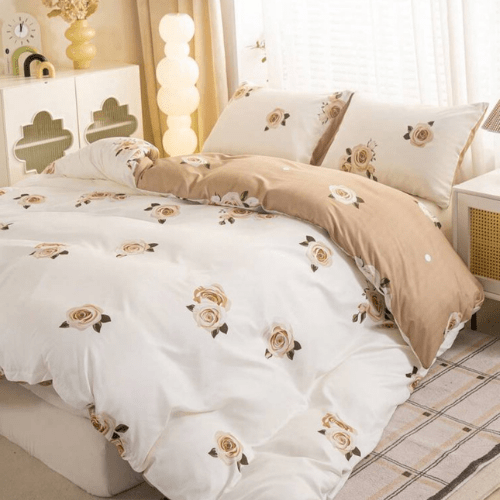 Queen 6 - piece beige duvet cover set featuring a beautiful rose design and reversible style. - BusDeals