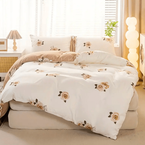 Queen 6 - piece beige duvet cover set featuring a beautiful rose design and reversible style. - BusDeals