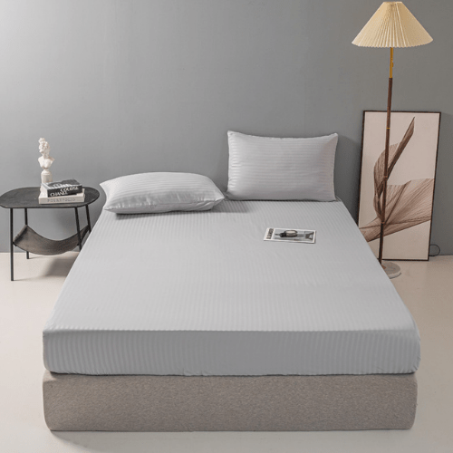 Queen Size 3 Piece Set, Bedsheet with 2 Pillow Cases, Grey Color, Satin Striped Design. - BusDeals