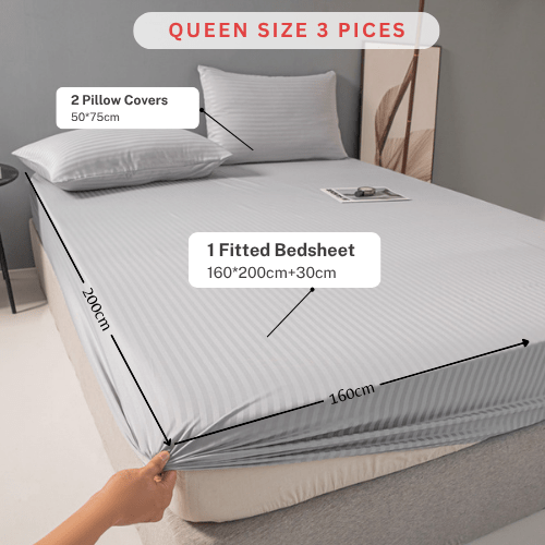 Queen Size 3 Piece Set, Bedsheet with 2 Pillow Cases, Grey Color, Satin Striped Design. - BusDeals