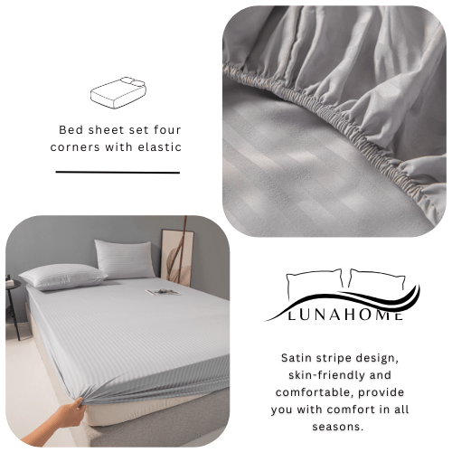 Queen Size 3 Piece Set, Bedsheet with 2 Pillow Cases, Grey Color, Satin Striped Design. - BusDeals