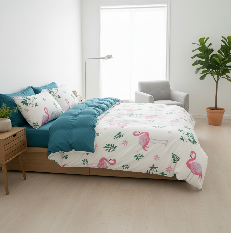 Queen size, 6 - piece a stunning pink flamingo design set against a white background with touches of pink. - BusDeals