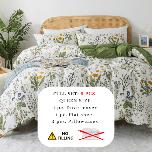 Queen size 6 piece bedding set adorned with green leaves. - BusDeals