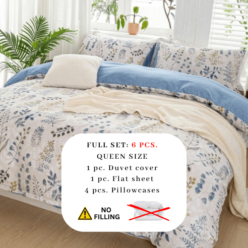 Queen size 6 piece bedding set, featuring a beautiful blue leaf design. - BusDeals