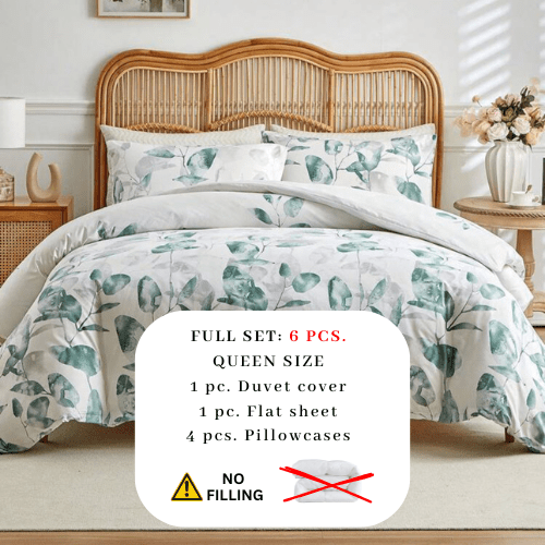 Queen size 6 piece beddsing set, with green and grey leaves. - BusDeals
