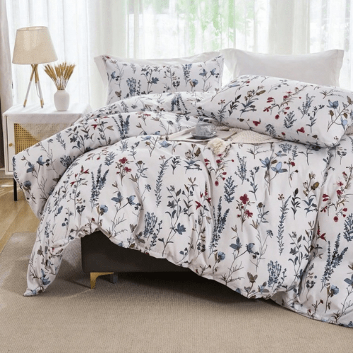 Queen size 6 - piece blue bedding set featuring a botanical floral design duvet cover. - BusDeals