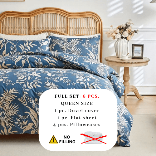 Queen size 6 - piece blue with beige leaf style duvet cover set. - BusDeals