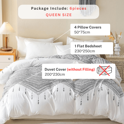 Queen size 6 piece boho bedding set in black and white without filling. - BusDeals