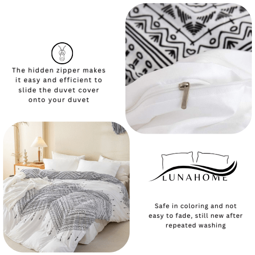 Queen size 6 piece boho bedding set in black and white without filling. - BusDeals