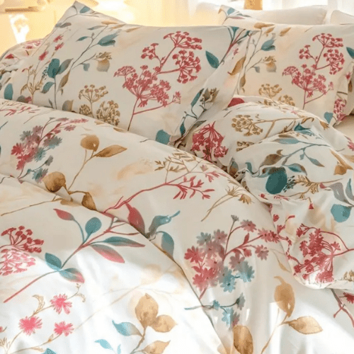 Queen size 6 - piece botanical red floral style duvet cover set. - BusDeals