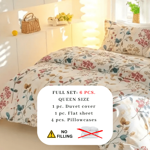 Queen size 6 - piece botanical red floral style duvet cover set. - BusDeals