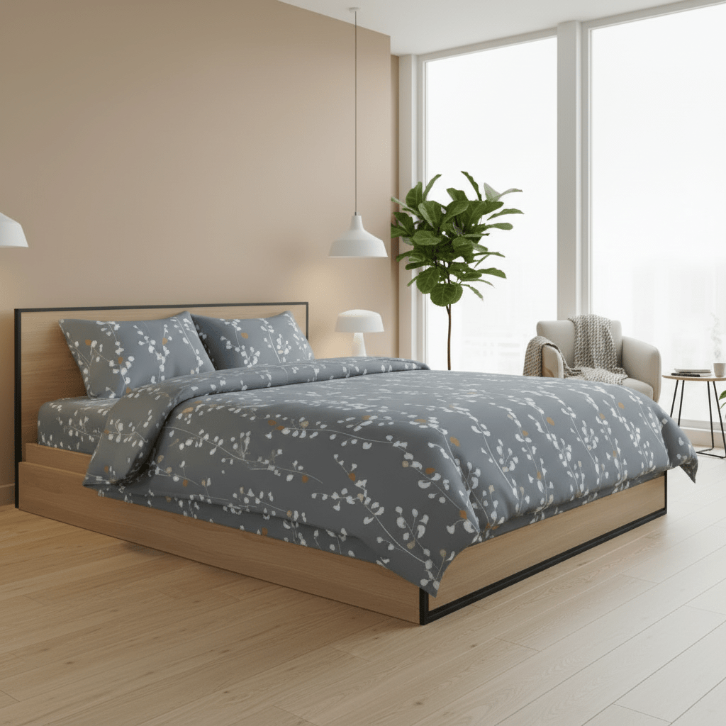 Queen size 6 - piece duvet cover set. Bedding set grey with yellow branches print pattern. - BusDeals