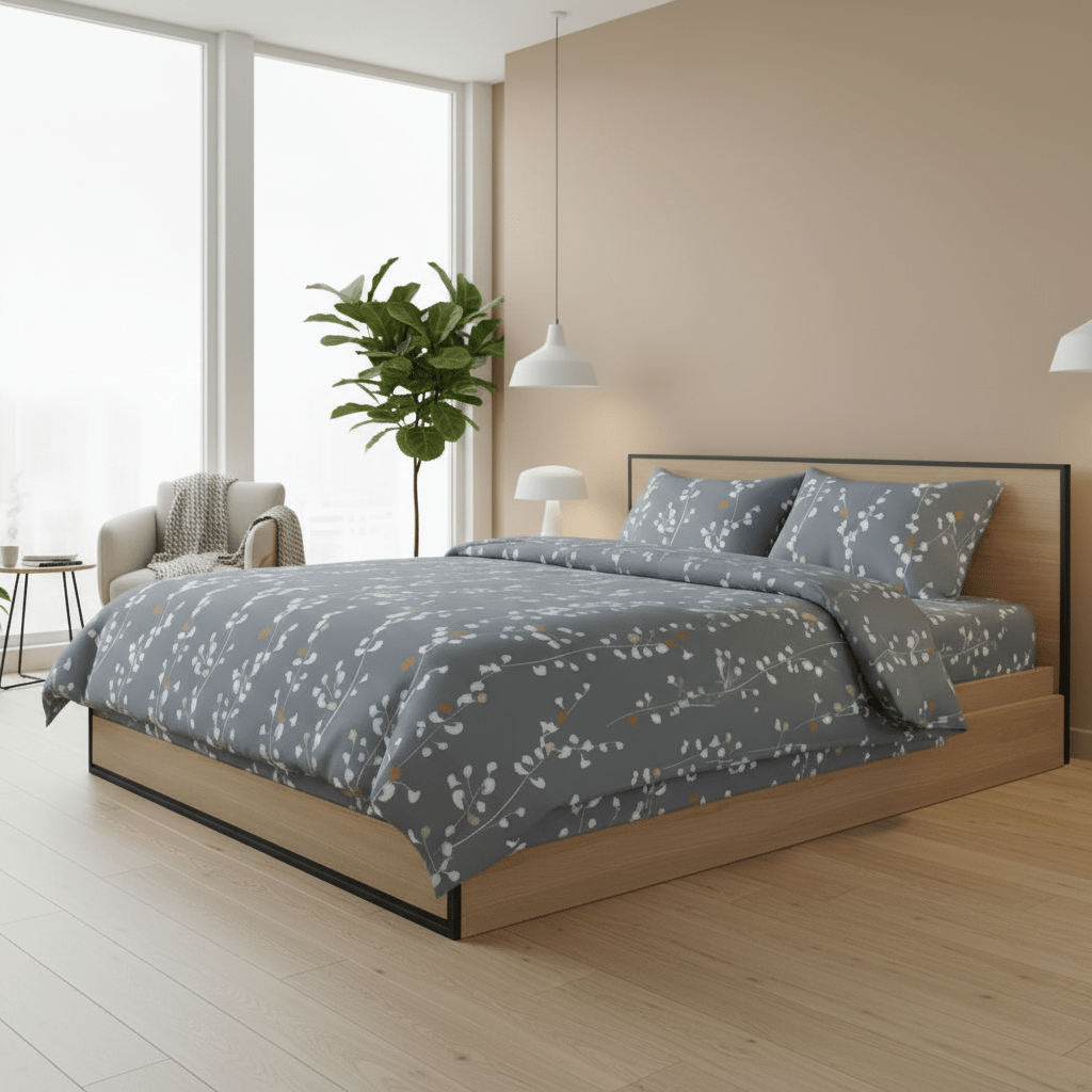 Queen size 6 - piece duvet cover set. Bedding set grey with yellow branches print pattern. - BusDeals