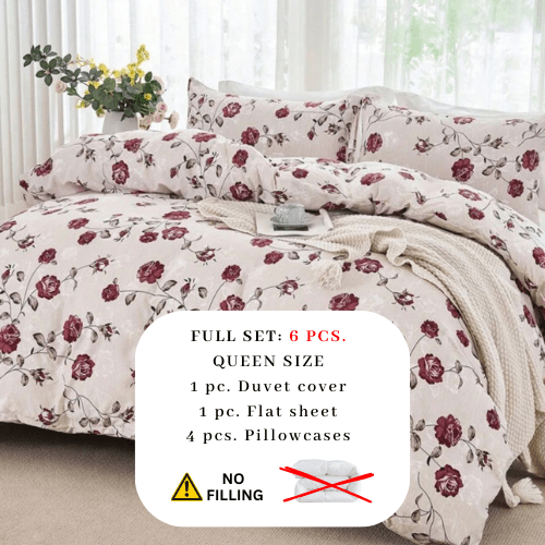 Queen size 6 - piece duvet cover set beige with vintage red rose print. - BusDeals