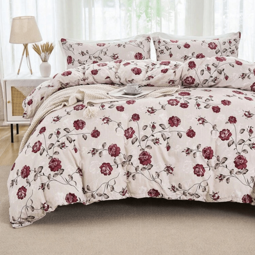 Queen size 6 - piece duvet cover set beige with vintage red rose print. - BusDeals
