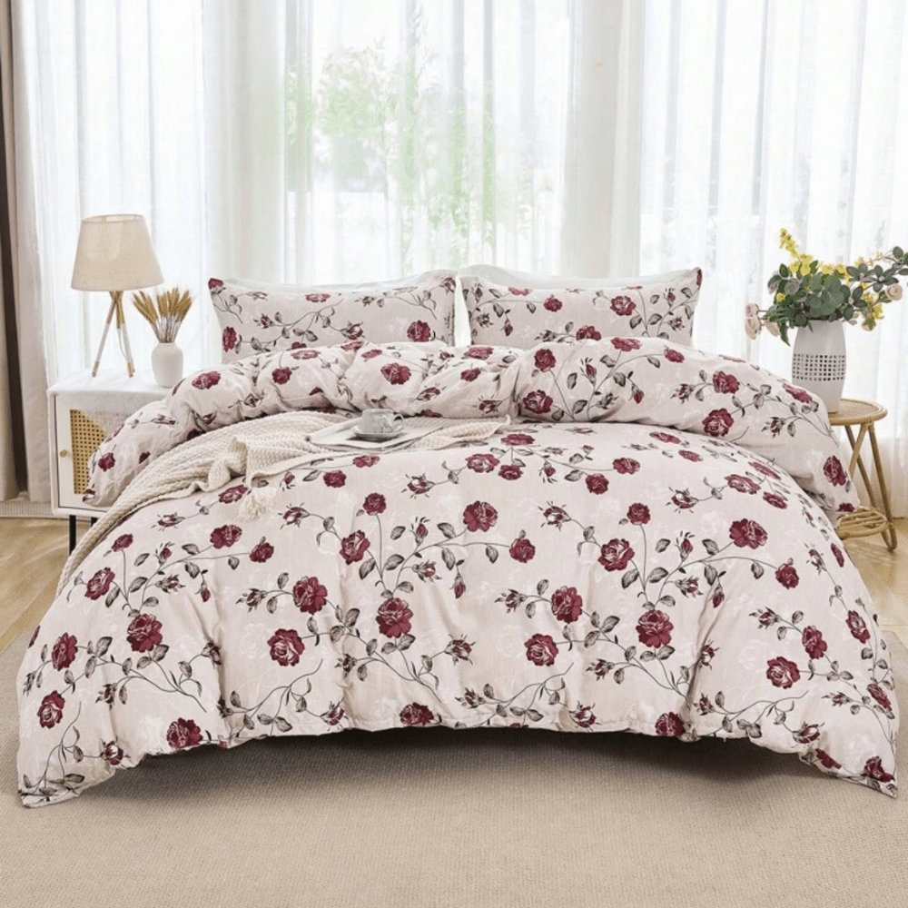 Queen size 6 - piece duvet cover set beige with vintage red rose print. - BusDeals