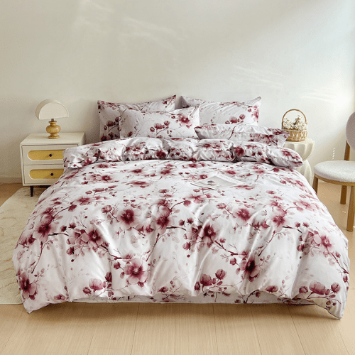 Queen size 6 - piece duvet cover set featuring a Sakura Dusty Pink print on a white background. - BusDeals