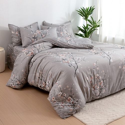 Queen size 6 piece duvet cover set gray plum blossom bedding set. - BusDeals