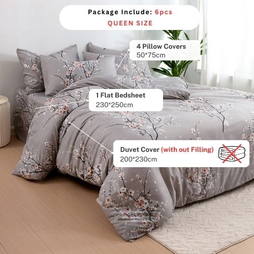 Queen size 6 piece duvet cover set gray plum blossom bedding set. - BusDeals