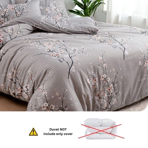 Queen size 6 piece duvet cover set gray plum blossom bedding set. - BusDeals