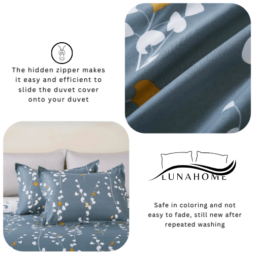 Queen size 6 - piece duvet cover set grey yellow branches print pattern. - BusDeals
