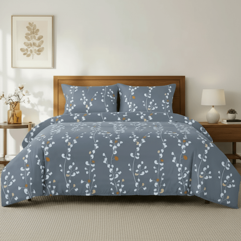 Queen size 6 - piece duvet cover set grey yellow branches print pattern. - BusDeals