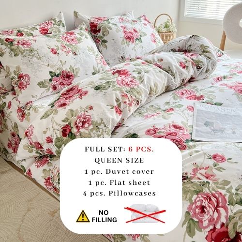 Queen size 6 - piece duvet cover set rose print with green leaves. - BusDeals