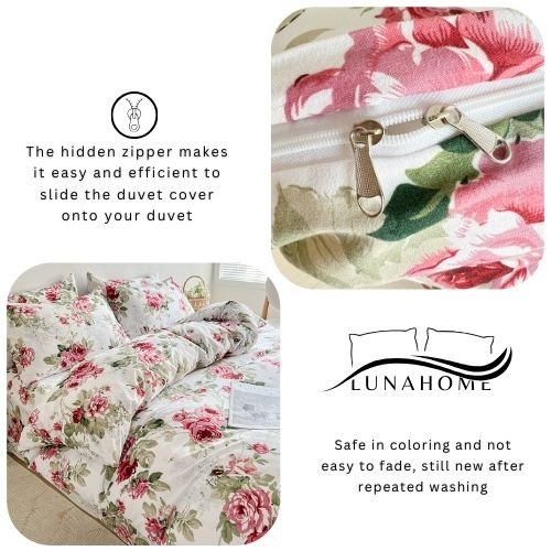 Queen size 6 - piece duvet cover set rose print with green leaves. - BusDeals