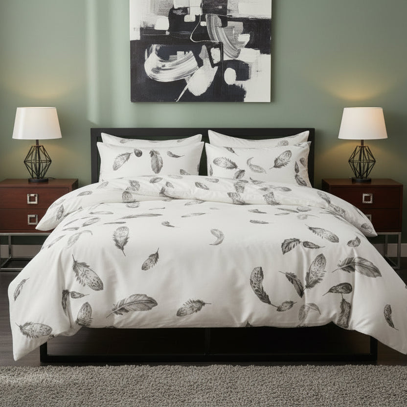 Bedroom with floral bedding set on a bed, nightstands, and artwork on the wall. Queen size 6 piece duvet cover set, white bed linen with gray feathers. - BusDeals