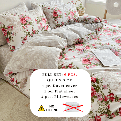 Queen size 6 - piece duvet cover set with Burgundy roses, reversible style. - BusDeals