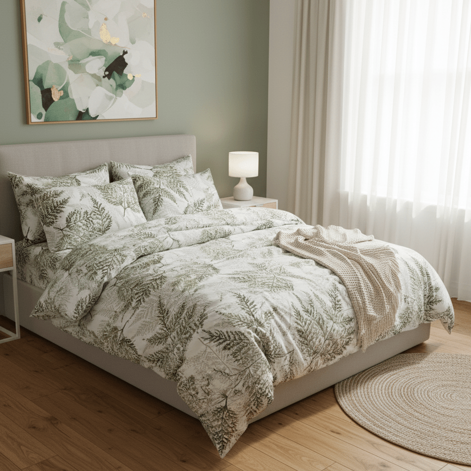 Queen size 6 - piece modern duvet cover set with green leaf pattern. - BusDeals