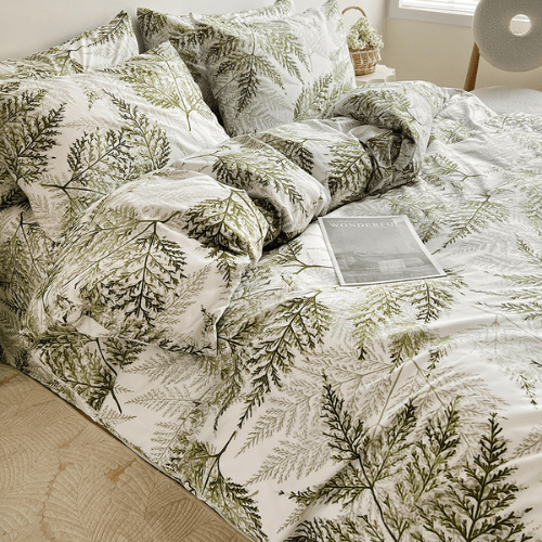 Queen size 6 - piece modern duvet cover set with green leaf pattern. - BusDeals