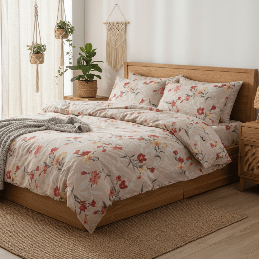 Queen size 6 - piece modern duvet cover set with orange floral design. - BusDeals