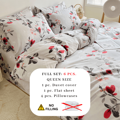 Queen size 6 - piece modern duvet cover set with red leaf. - BusDeals
