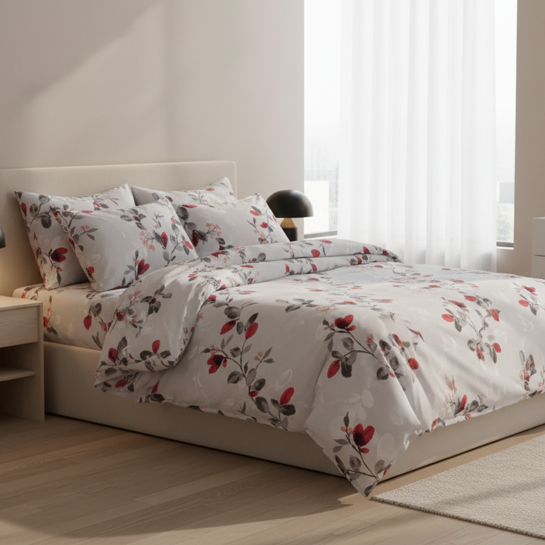 Queen size 6 - piece modern duvet cover set with red leaf. - BusDeals